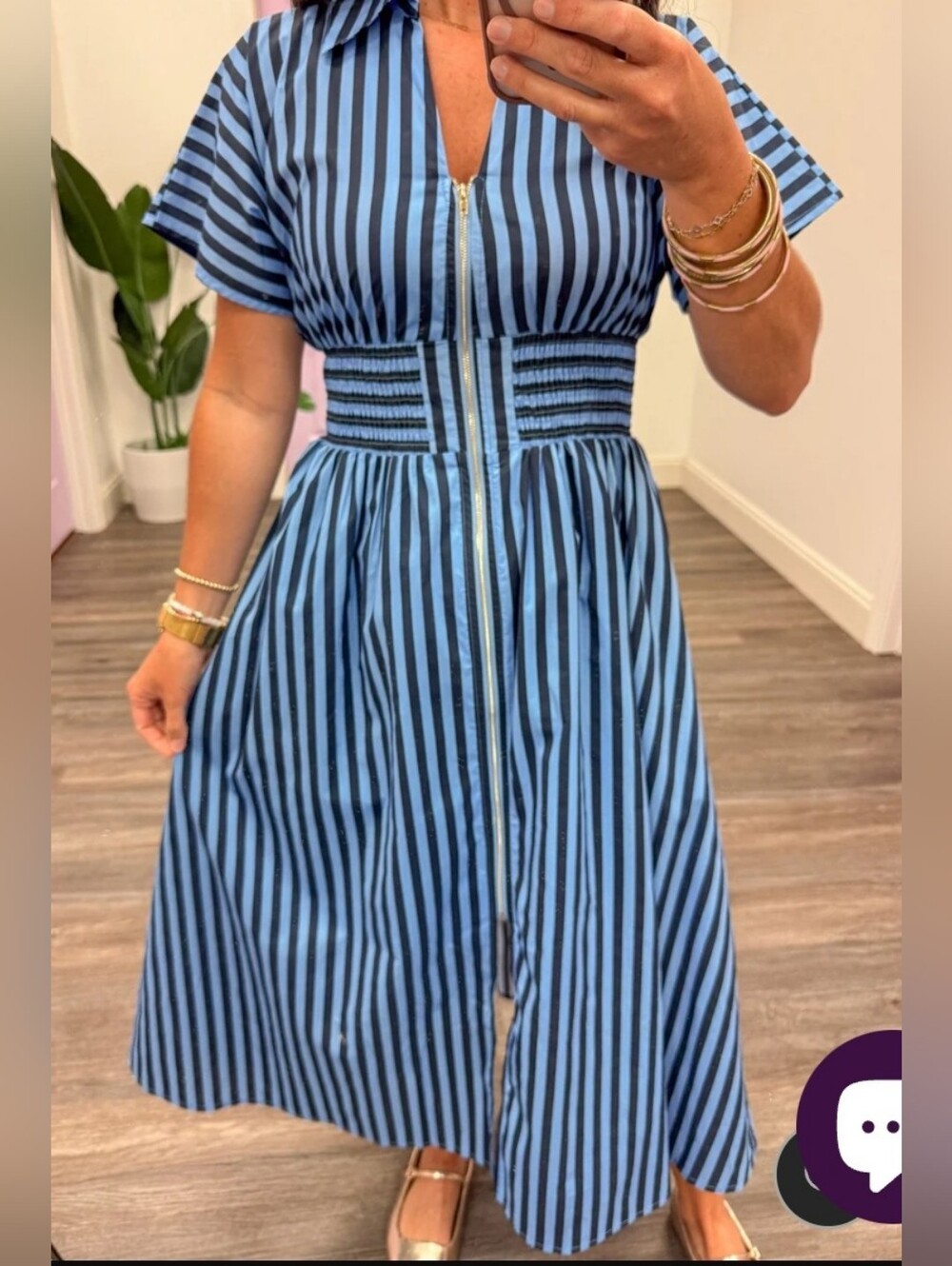 Navy Blue and Baby Blue  Striped Zip-Front A-Line Dress By ENTRO